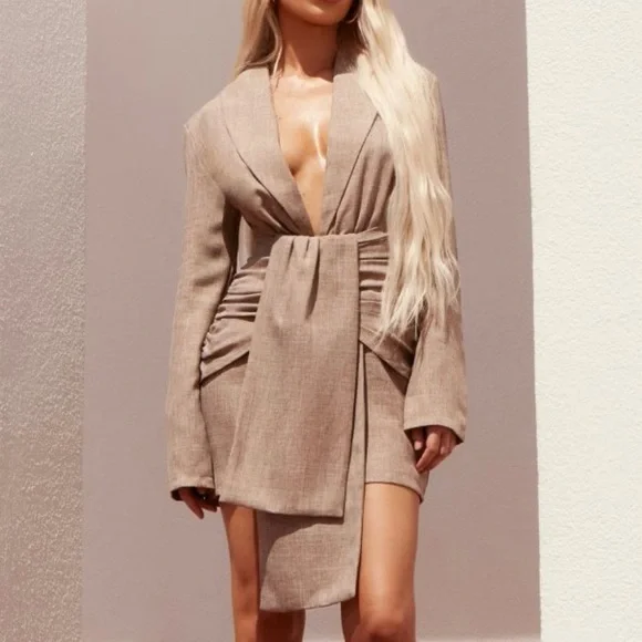 PrettyLittleThing | Dresses | Prettylittlething Plt Label Taupe Linen Look  Cinched Waist Blazer Mini Dress 6 | Poshmark